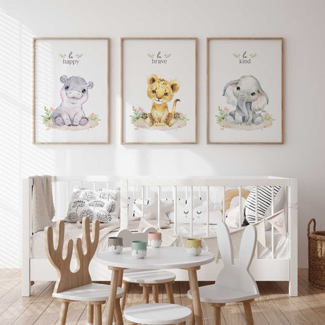 Baby girl safari wall art set with soft pink florals and watercolour animals