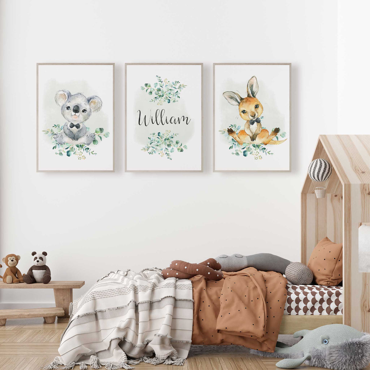 Kangaroo wall art print for nursery featuring bow tie and eucalyptus foliage