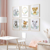 Baby lion elephant and tiger watercolour nursery prints with eucalyptus