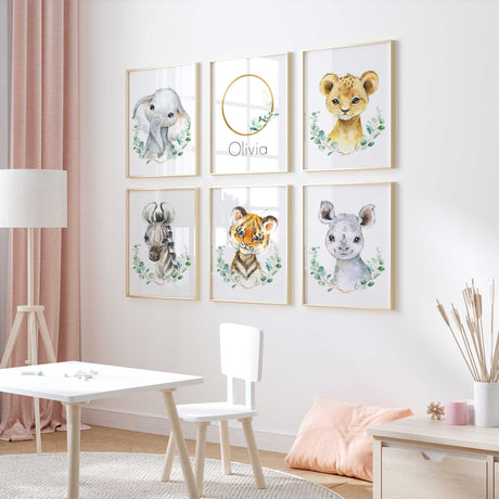 Baby lion elephant and tiger watercolour nursery prints with eucalyptus