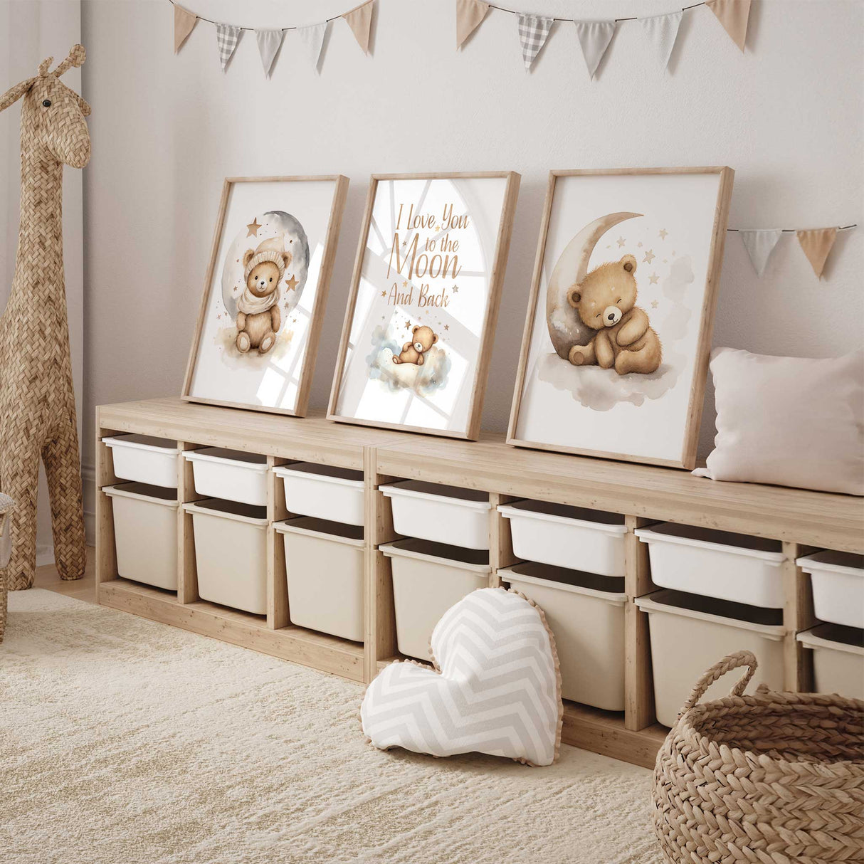 Baby nursery wall art set with teddy bears and moons