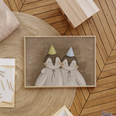 Baby penguin nursery decor print with a warm neutral palette