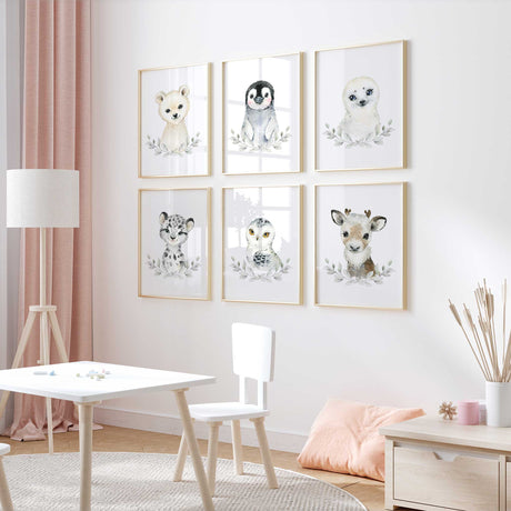 Neutral Arctic animal nursery wall art set with soft winter tones