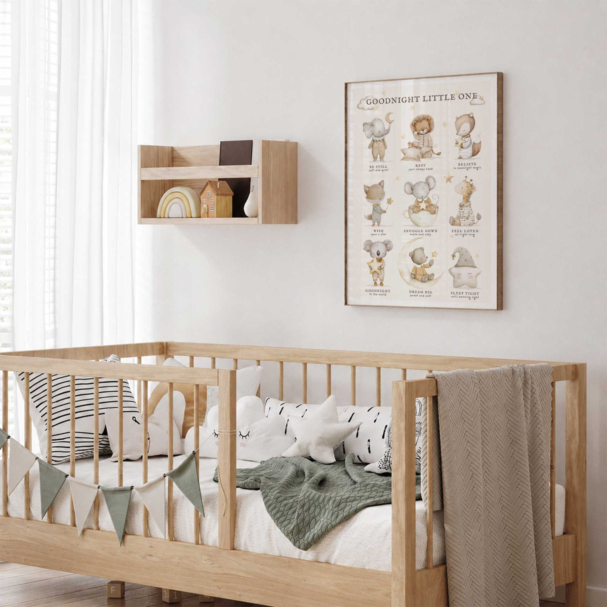 Baby room bedtime wall art with sleepy animal illustrations, stars and comforting goodnight messages.