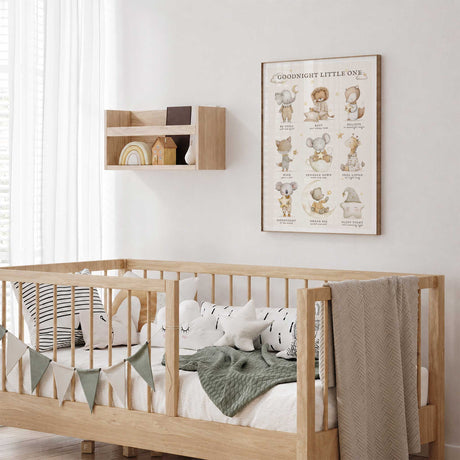 Baby room bedtime wall art with sleepy animal illustrations, stars and comforting goodnight messages.