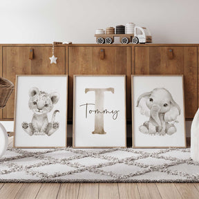 Set of 3 personalised safari baby animal prints for kids room