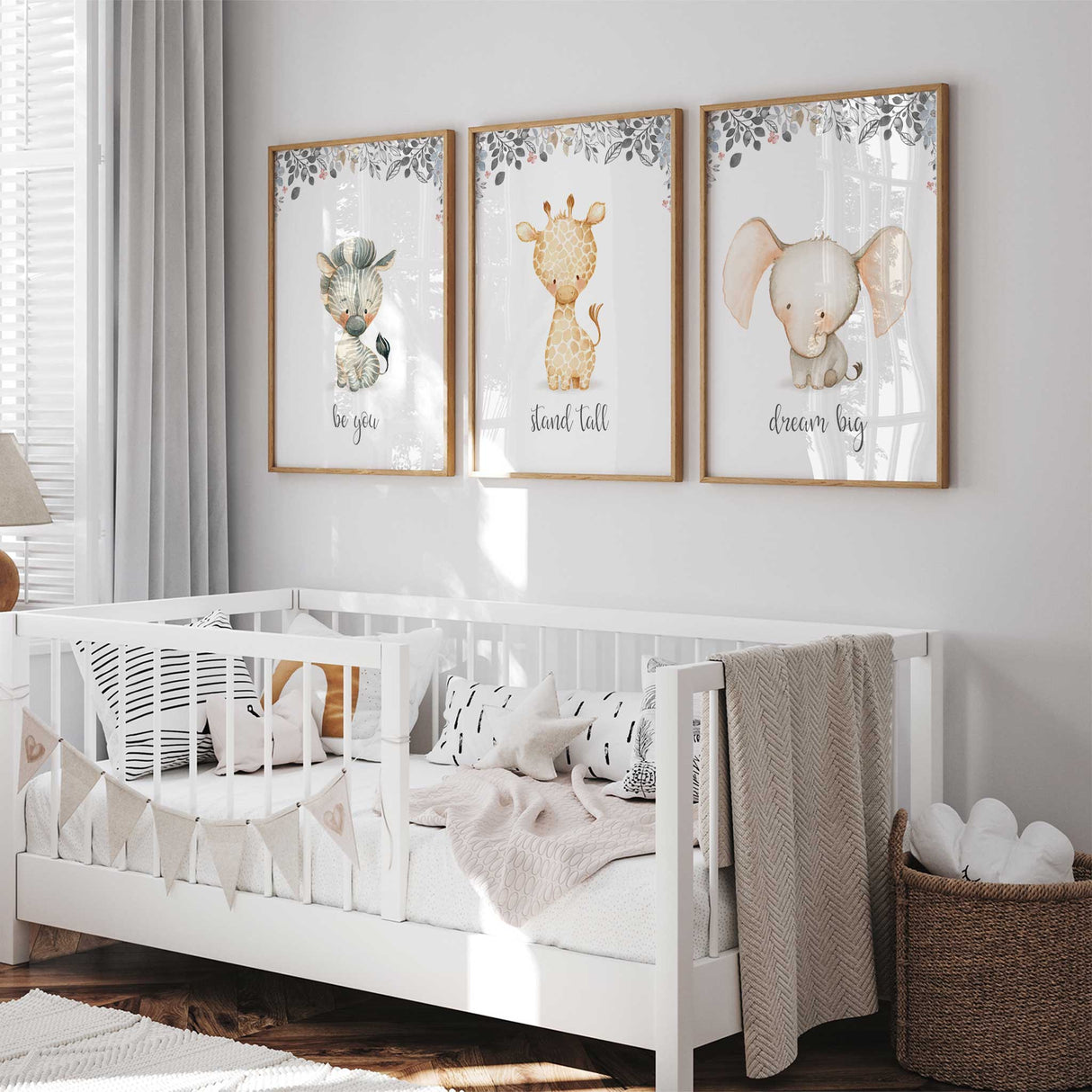 Baby safari animal nursery wall art prints with elephant zebra and giraffe
