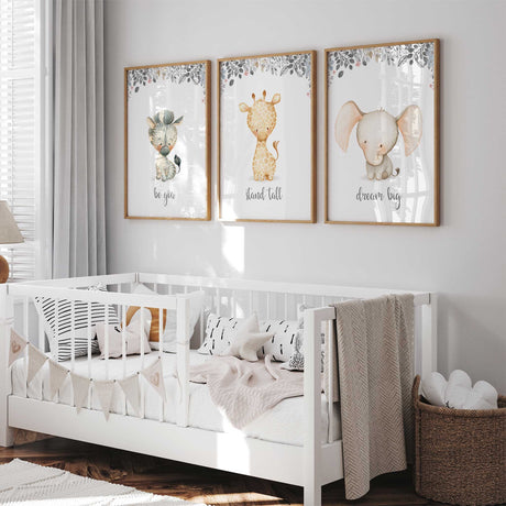 Baby safari animal nursery wall art prints with elephant zebra and giraffe