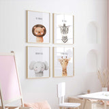 Baby safari nursery print set with elephant lion zebra and giraffe illustrations and positive quote wall art