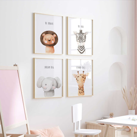 Baby safari nursery print set with elephant lion zebra and giraffe illustrations and positive quote wall art