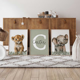 Set of 3 unframed safari animal nursery prints with lion, elephant and custom name
