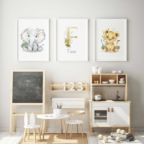 Baby safari wall art personalised set with lion and elephant illustrations
