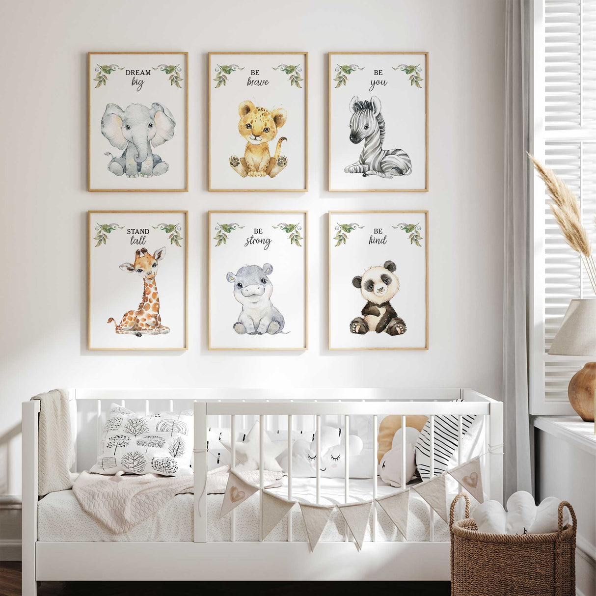Baby safari wall art set in neutral colours for modern nursery