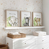 Baby safari wall print set with elephant lion and zebra jungle nursery artwork