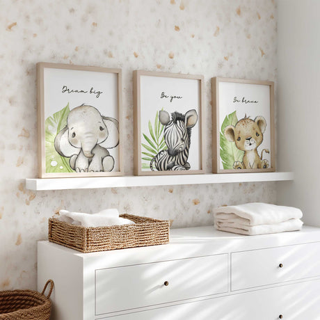 Baby safari wall print set with elephant lion and zebra jungle nursery artwork