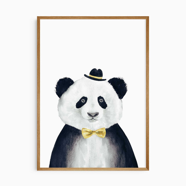 Playful panda art print for children’s rooms, showcasing a panda with a yellow hat and bow tie.