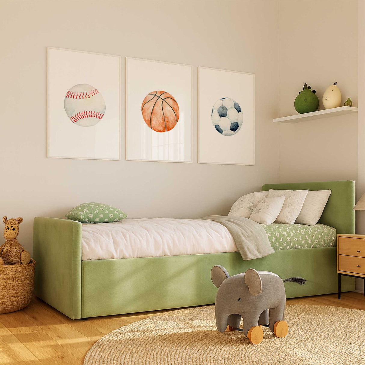 Ball wall art for playroom or boys room with three sports ball prints