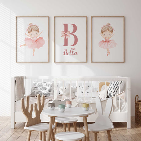 Personalised ballerina initial print featuring a child’s name in soft pink tones for a girls bedroom or nursery