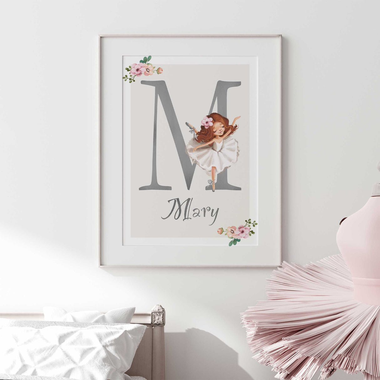 Ballerina illustration with large letter initial wall art