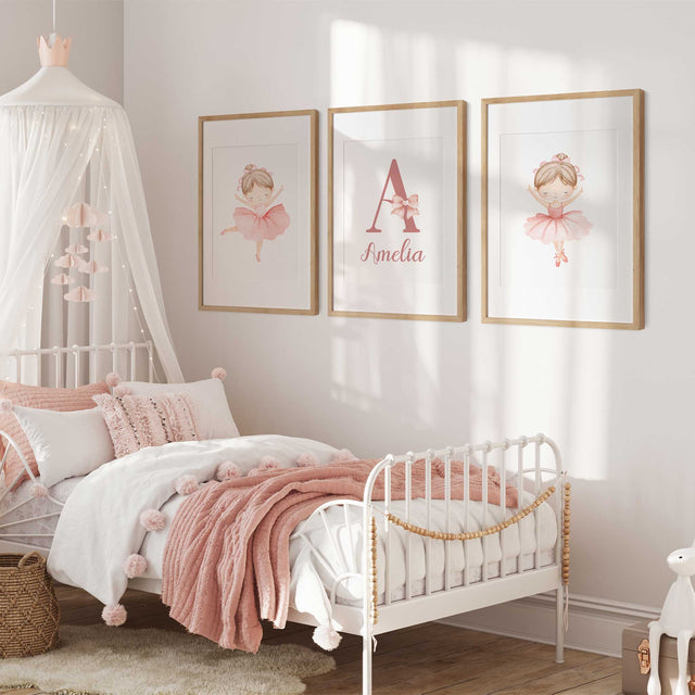 Personalised ballerina wall art set of three with two pink dancers and a coordinating initial and name print
