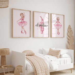 Ballerina wall art set for girls room in pink with personalised name and ballet dancers