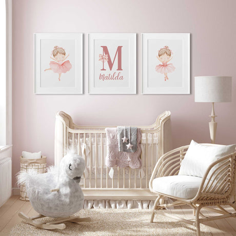 Set of three ballerina nursery wall prints with personalisation