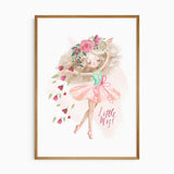 Ballet wall art for girls bedroom featuring a pink ballerina dancer illustration with floral details