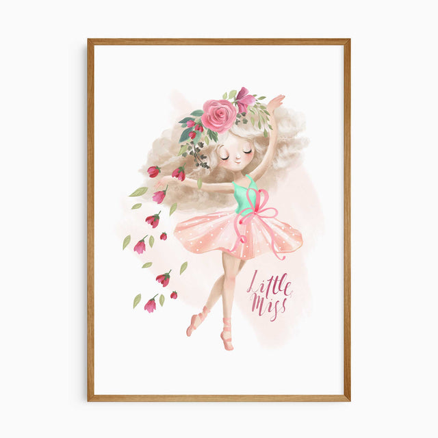 Ballet wall art for girls bedroom featuring a pink ballerina dancer illustration with floral details