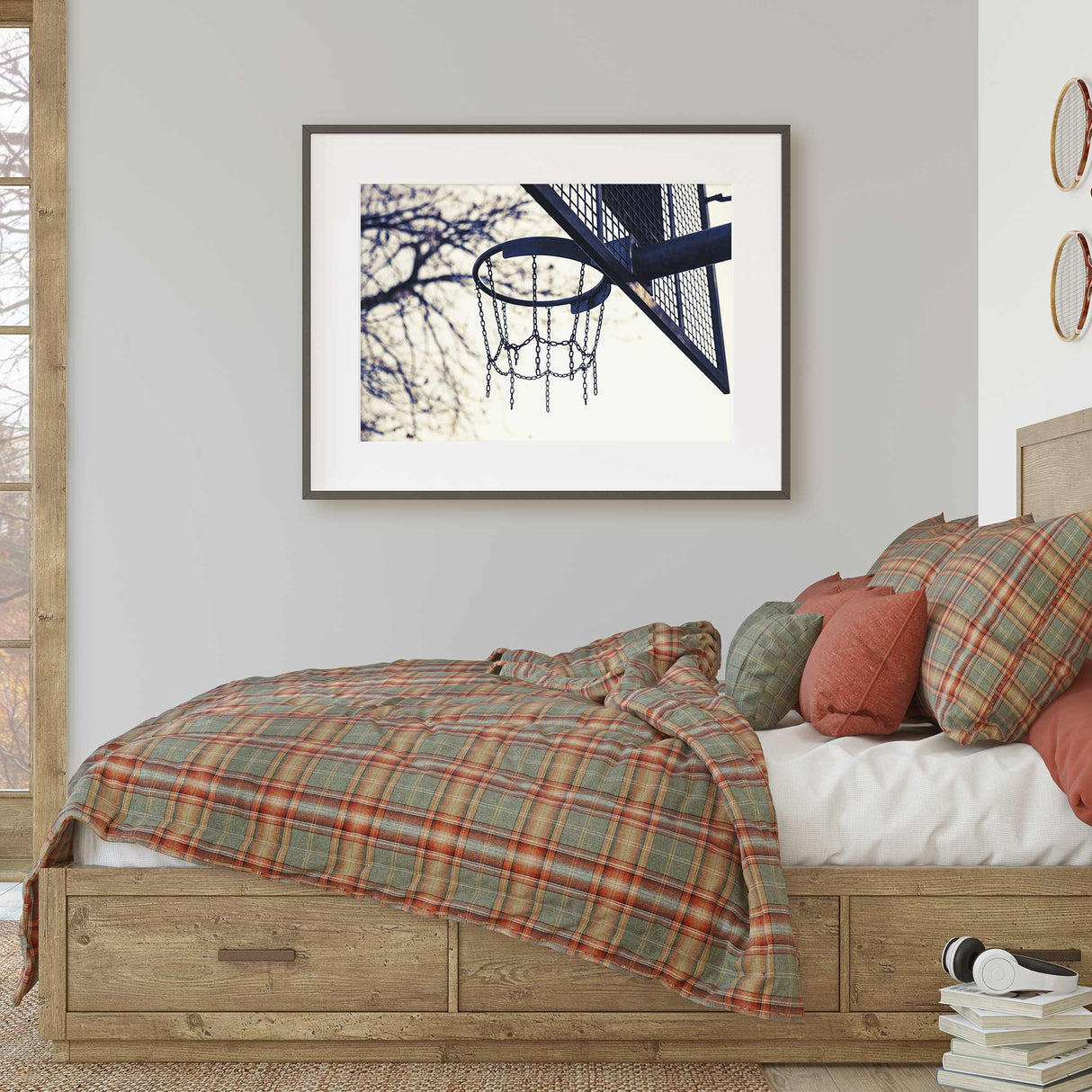 minimalist basketball hoop sports poster with soft neutral tones