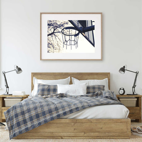 basketball hoop wall decor styled for teen bedroom with modern aesthetic