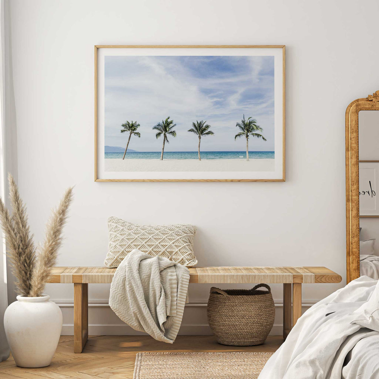 Beach photography coastal wall art showing palm trees, turquoise sea and white sand for modern coastal decor.