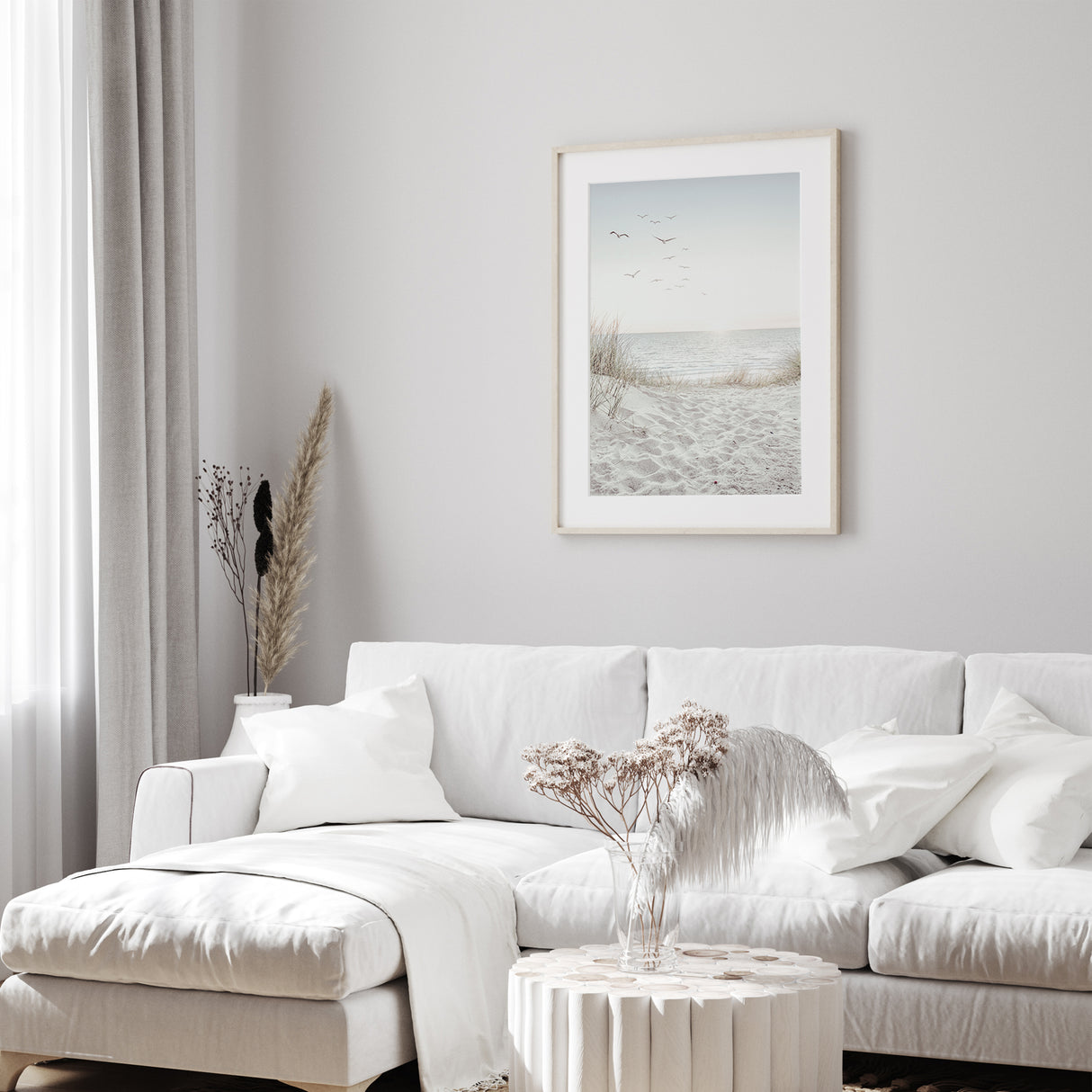 Minimalist beach photography print showing sandy dunes, gentle sea view and soft neutral tones for calm coastal home decor