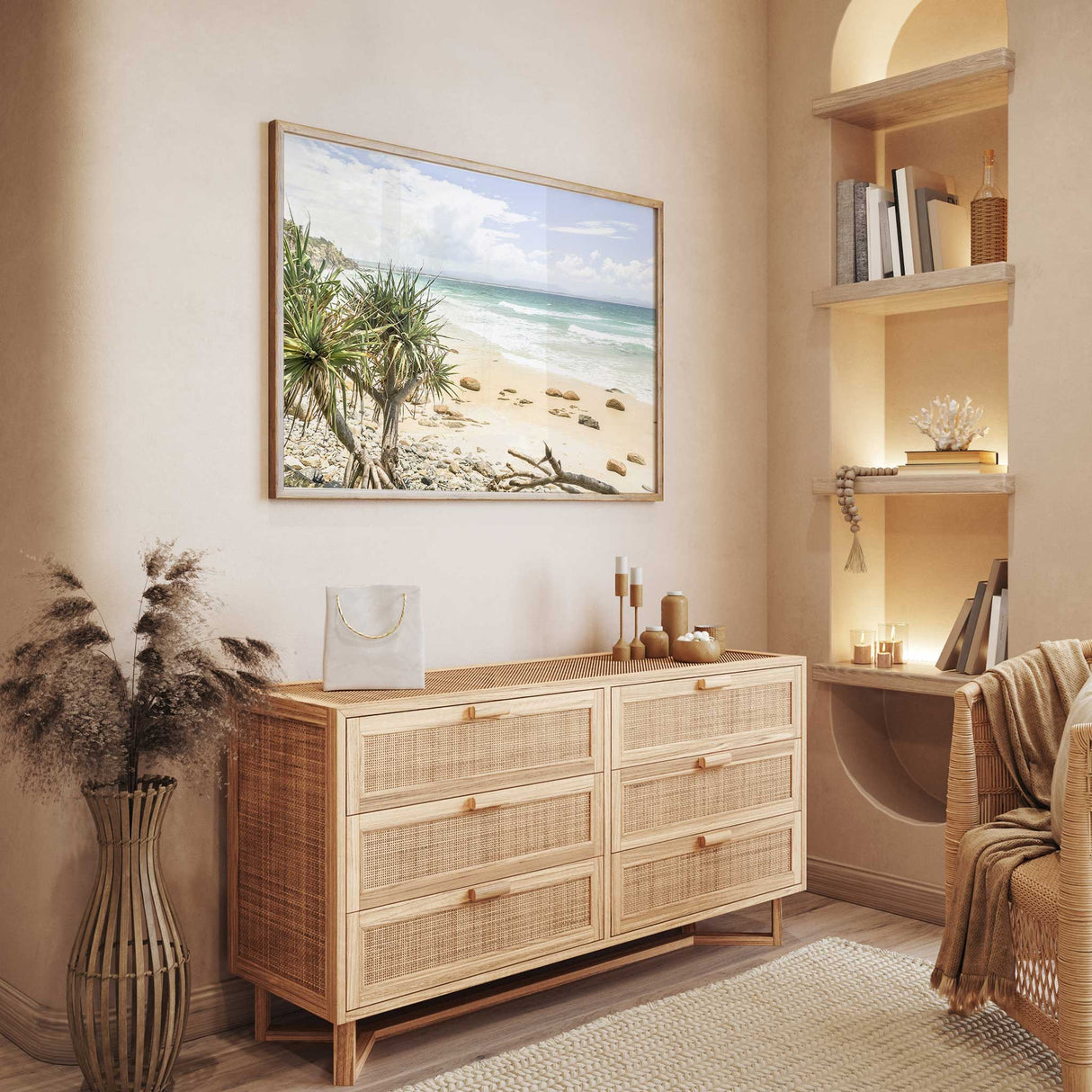 Beach photography wall art print showing calm sea and shoreline