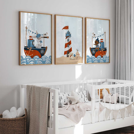 Lighthouse and playful animal sailors beach theme kids wall art print set