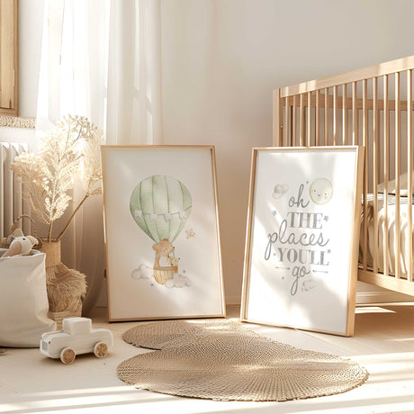 Set of 2 nursery prints with bear in balloon and motivational quote design