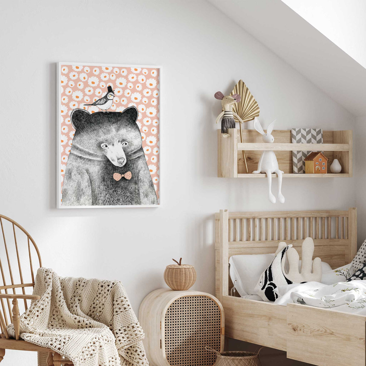 Bear and bird wall art print for kids bedroom or nursery