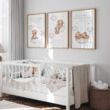 Three coordinating teddy bear nursery prints featuring clouds, stars and meaningful Christian Bible references
