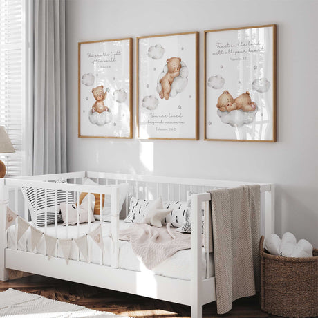 Three coordinating teddy bear nursery prints featuring clouds, stars and meaningful Christian Bible references