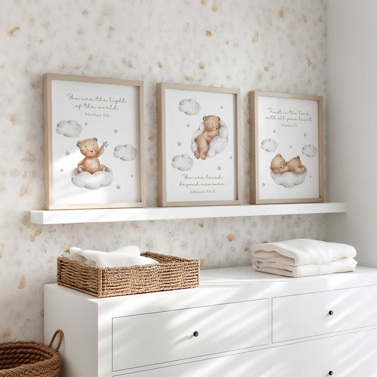 three soft watercolor bear prints on clouds with gentle bible verse quotes for nursery decor