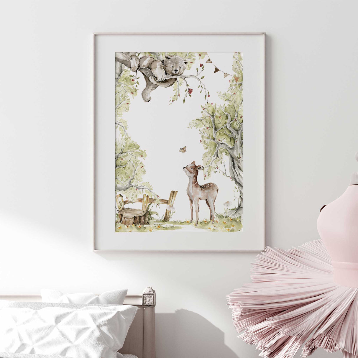 woodland nursery wall art featuring bear in tree and fawn in forest