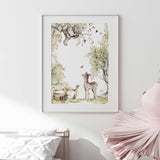 woodland nursery wall art featuring bear in tree and fawn in forest