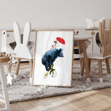 bear and dog riding a bicycle wall art print with red umbrella