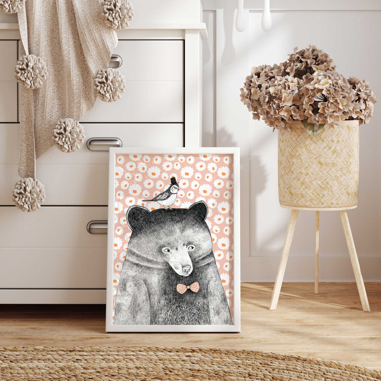 Bear illustration wall art for nursery decor and baby rooms