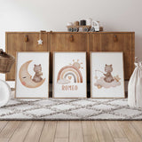 Bear sitting on moon nursery wall art in soft neutral tones