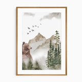 Watercolour bear print with misty mountains, flying birds and pine forest scenery for a child’s room