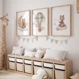 Neutral bear nursery decor wall art set showing bear illustrations with moon, balloon, and stars