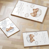Christian teddy bear nursery print set shown in the three available cloud colours of beige, grey and blue