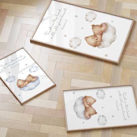 Christian teddy bear nursery print set shown in the three available cloud colours of beige, grey and blue