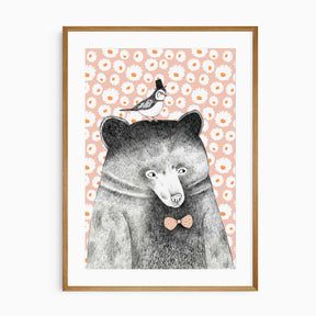 Bear nursery wall art print with bird illustration for baby room decor