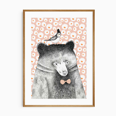 Bear nursery wall art print with bird illustration for baby room decor